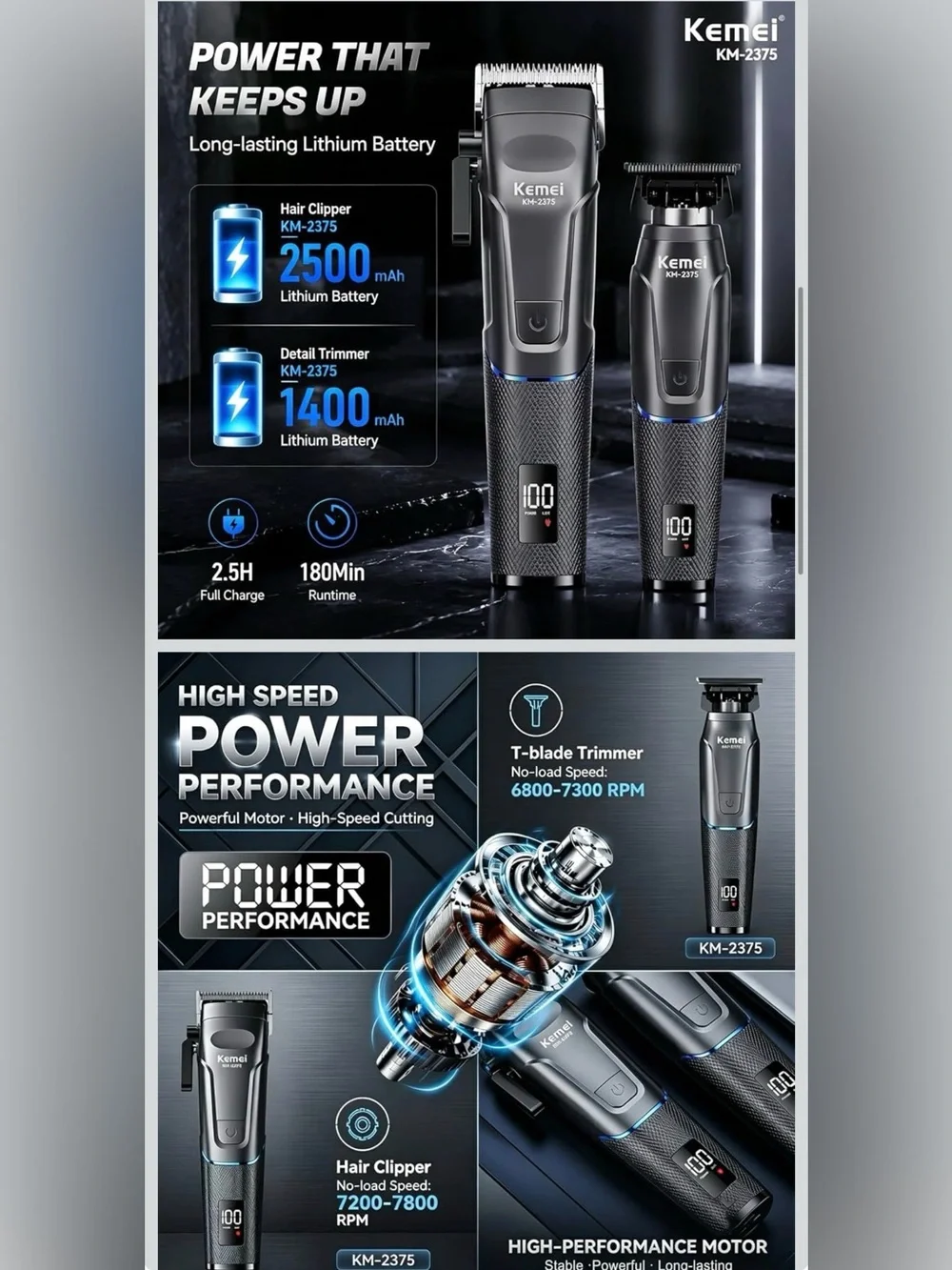 Kemei Hair Clippers for Men – Cordless Trimmer Set